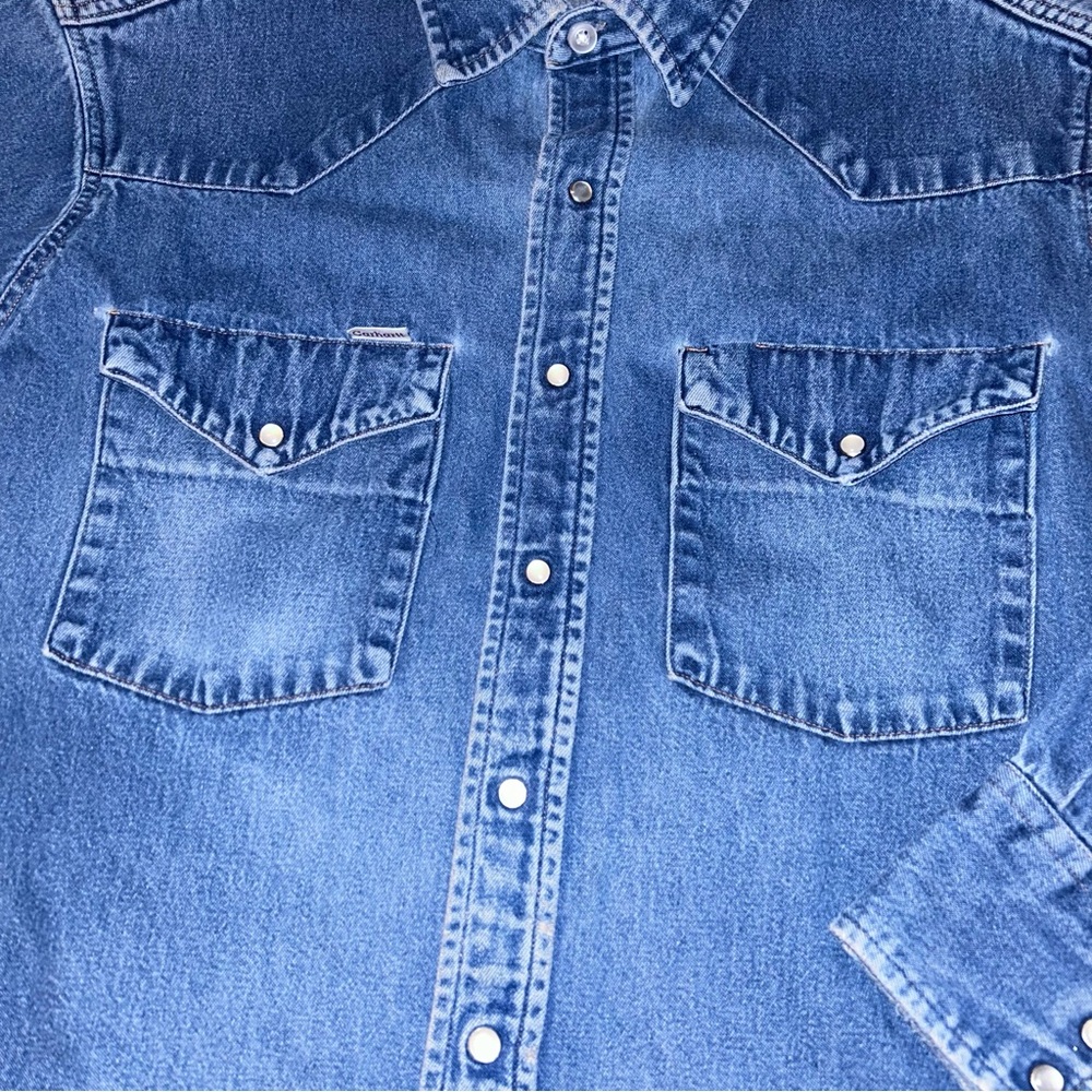 Vintage Carhartt Denim Shirt Men’s 17 1/2 x 35 Pearl Snap Distressed S02 - Picture 5 of 10